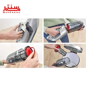 مراحل مختلف استفاده و نگهداری از یک جاروبرقی دستی بی سیم را نشان می‌دهد